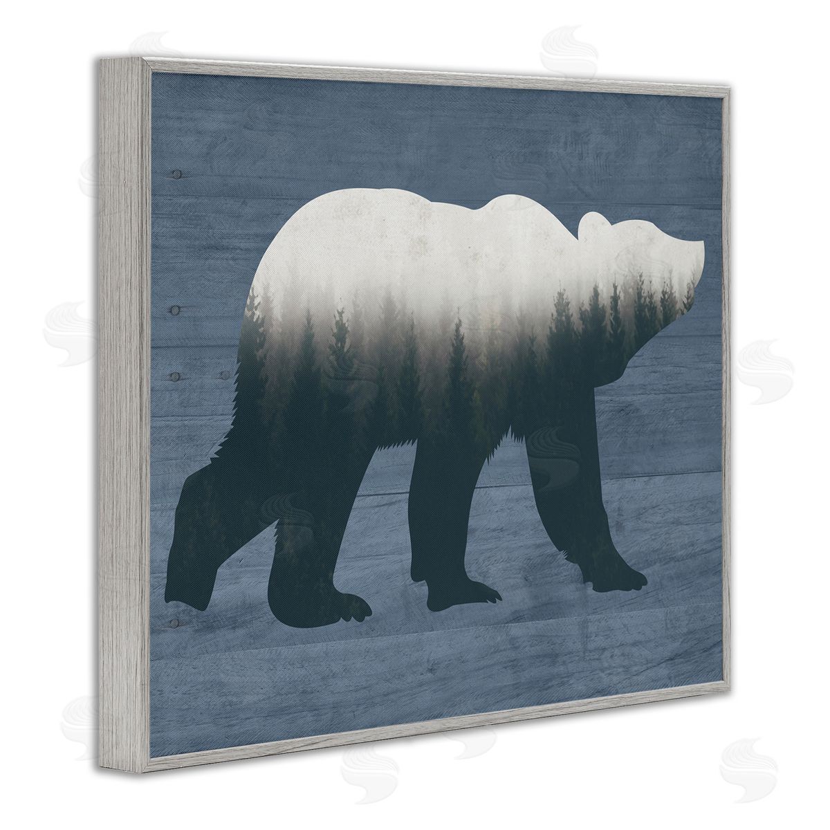 Lettered and Lined Rustic Woodland Trees Bear Silhouette Grainy Pattern Gray Framed Giclee Wall Art Print