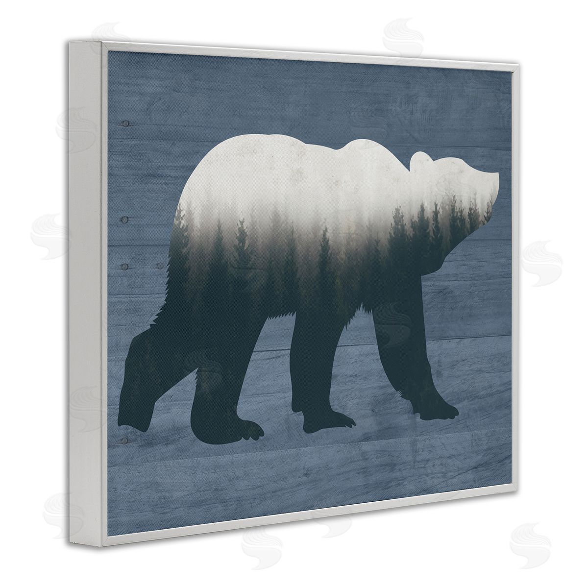 Lettered and Lined Rustic Woodland Trees Bear Silhouette Grainy Pattern White Framed Giclee Wall Art Print