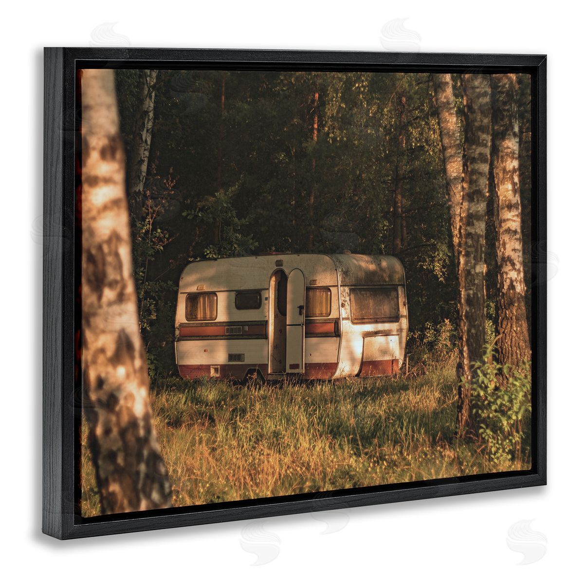 Stupell Studio Quiet Camper Van Deep Woodland Forest Clearing  Black Floating Frame Canvas Wall Art Print