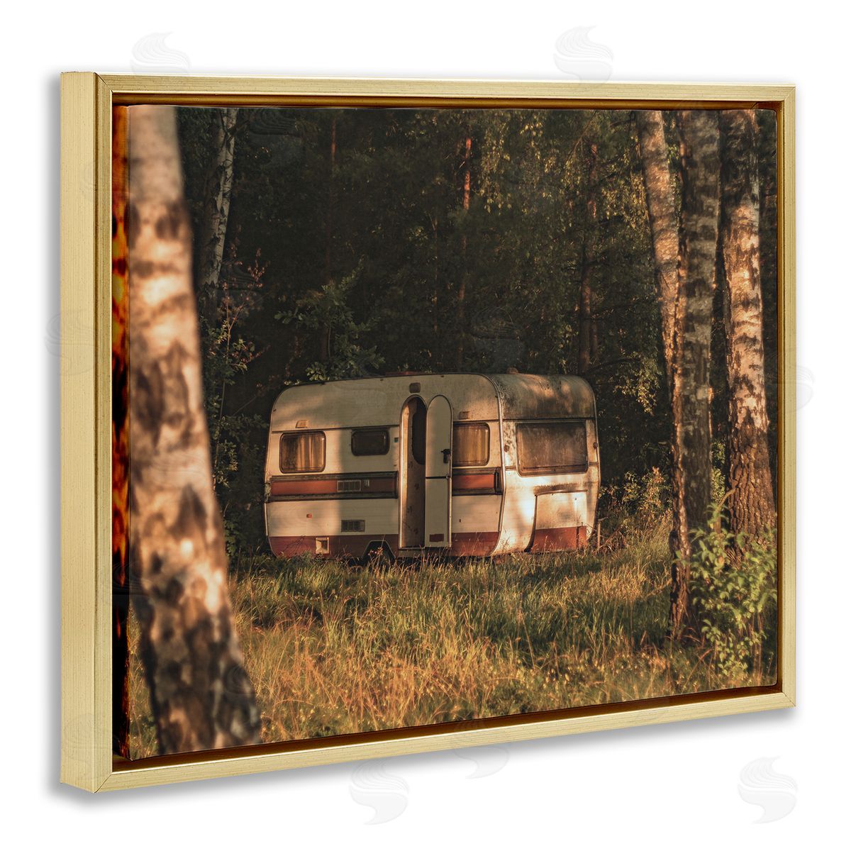 Stupell Studio Quiet Camper Van Deep Woodland Forest Clearing  Gold Floating Frame Canvas Wall Art Print