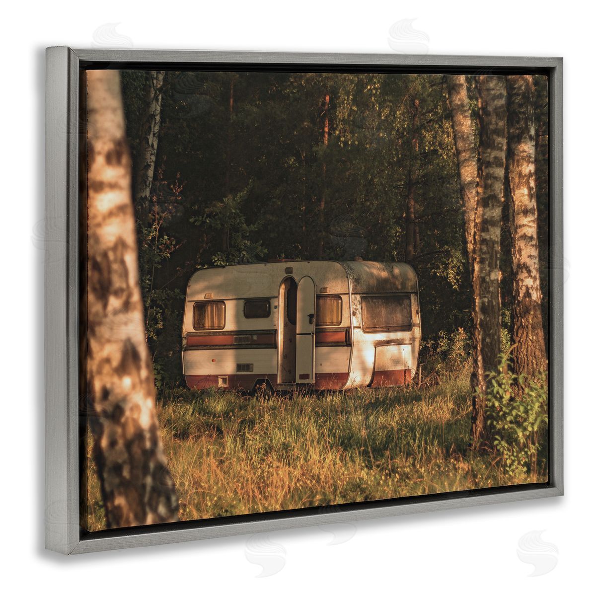 Stupell Studio Quiet Camper Van Deep Woodland Forest Clearing  Gray Floating Frame Canvas Wall Art Print