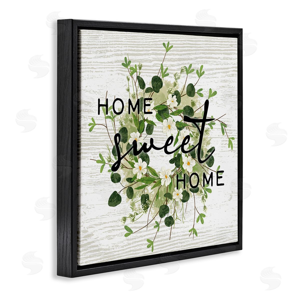 Ziwei Li Sweet Home Typography Floral Greenery Wreath Black Floating Frame Canvas Wall Art Print