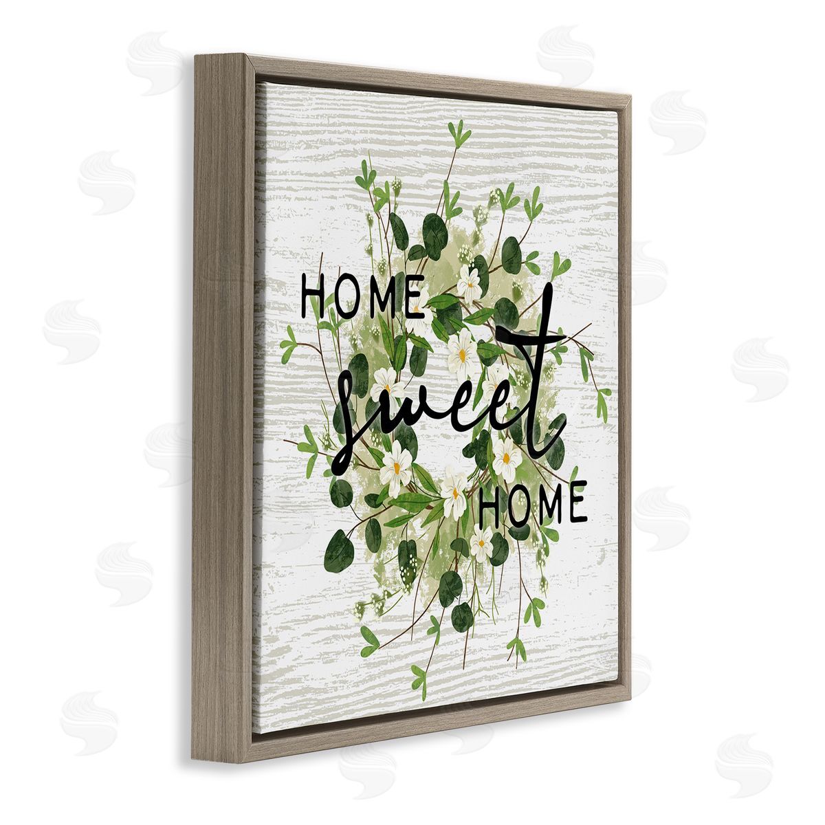 Ziwei Li Sweet Home Typography Floral Greenery Wreath Brown Floating Frame Canvas Wall Art Print