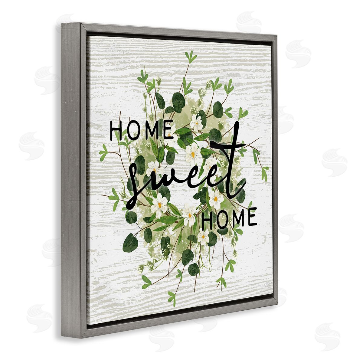 Ziwei Li Sweet Home Typography Floral Greenery Wreath Gray Floating Frame Canvas Wall Art Print