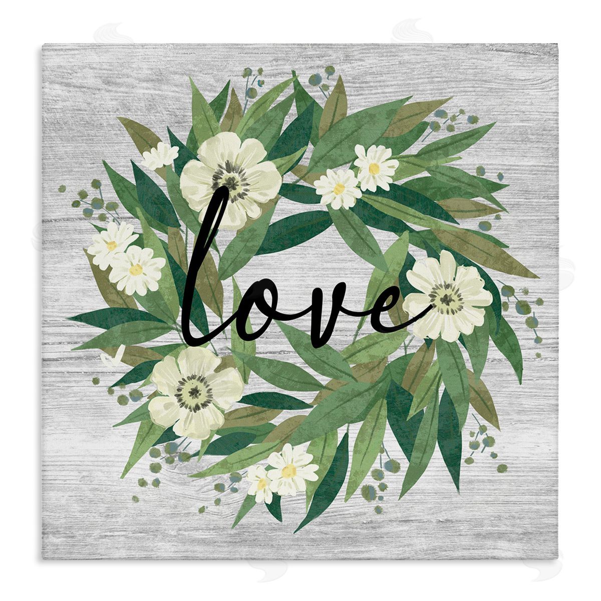 Ziwei Li Love Typography White Blossom Wreath Country Botanicals Stretched Canvas Wall Art Print