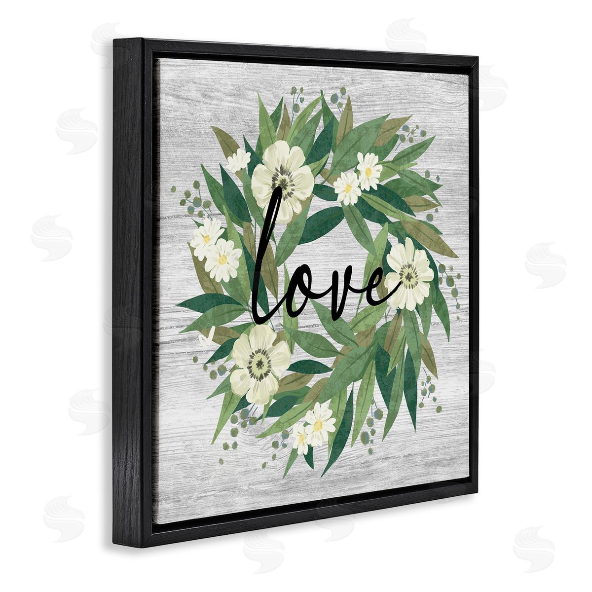 Ziwei Li Love Typography White Blossom Wreath Country Botanicals Black Floating Frame Canvas Wall Art Print