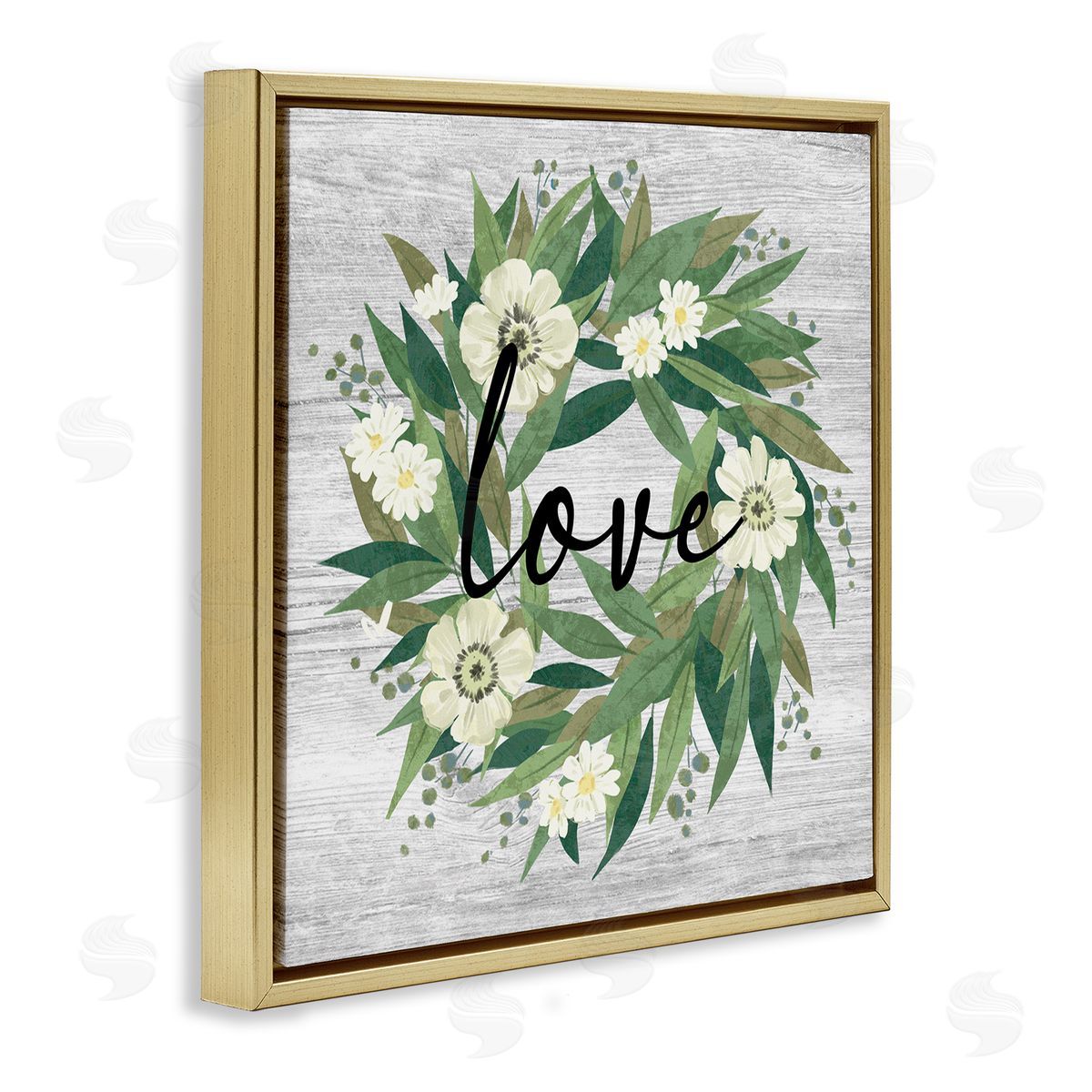 Ziwei Li Love Typography White Blossom Wreath Country Botanicals Gold Floating Frame Canvas Wall Art Print