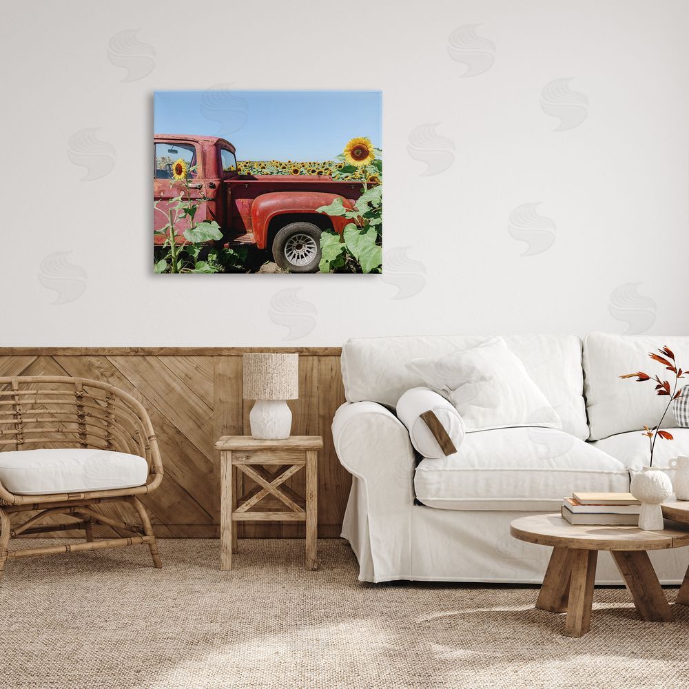 Kali Wilson Red Vintage Pickup Truck Amidst Sunflower Field  Canvas Wall Art Print in Room