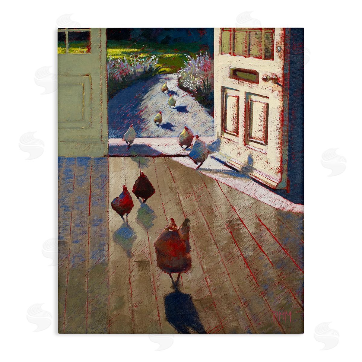 Lisa Timmerman Chickens Strolling Through Farmhouse Doorway Contemporary Strokes Stretched Canvas Wall Art Print