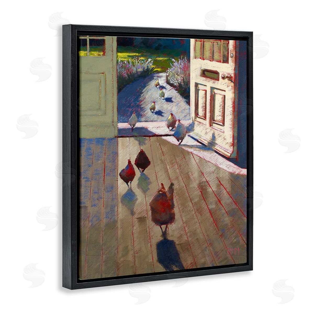 Lisa Timmerman Chickens Strolling Through Farmhouse Doorway Contemporary Strokes Black Floating Frame Canvas Wall Art Print