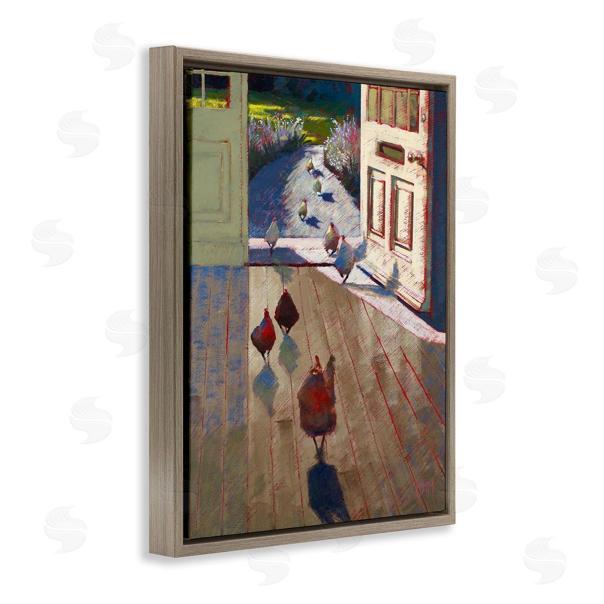 Lisa Timmerman Chickens Strolling Through Farmhouse Doorway Contemporary Strokes Brown Floating Frame Canvas Wall Art Print