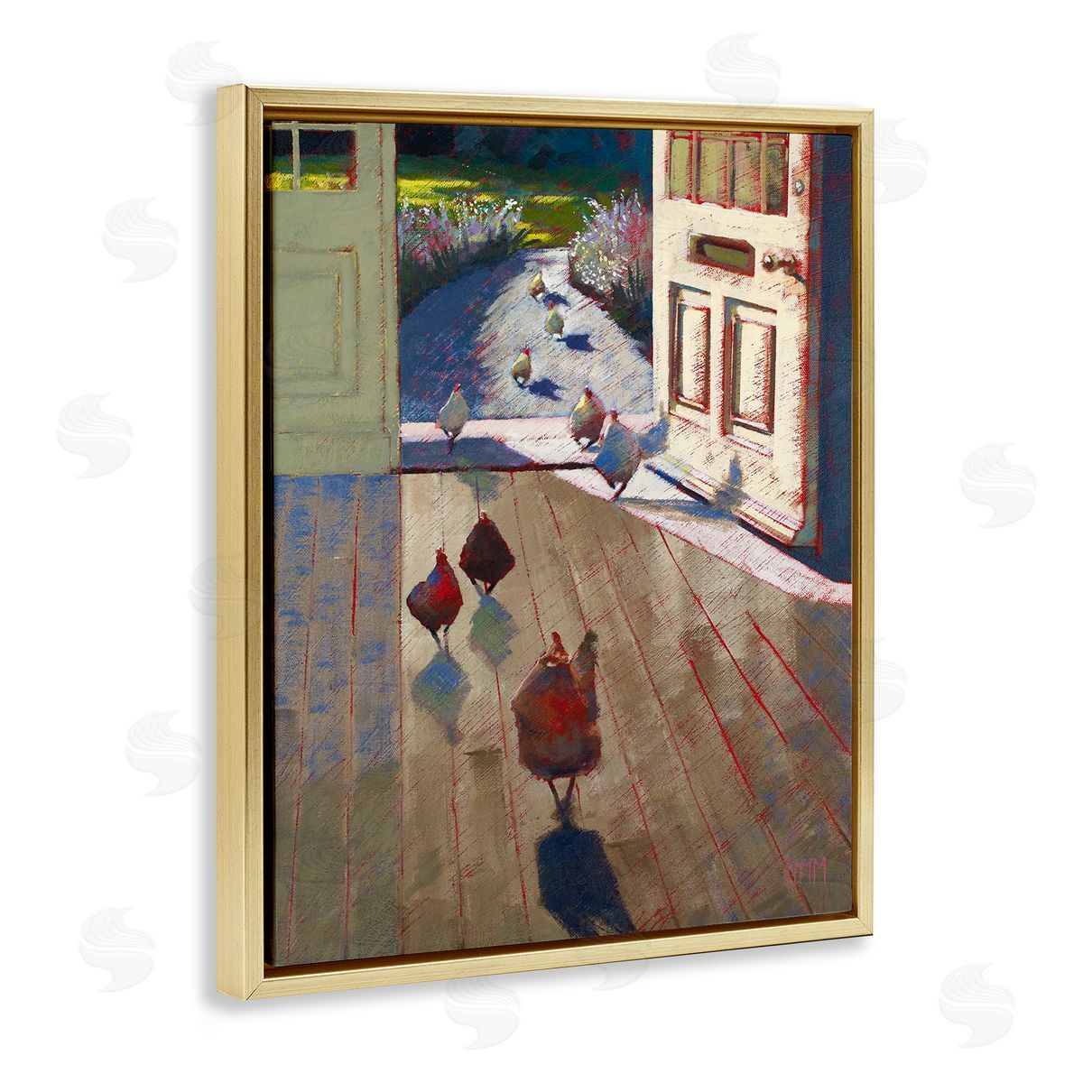 Lisa Timmerman Chickens Strolling Through Farmhouse Doorway Contemporary Strokes Gold Floating Frame Canvas Wall Art Print