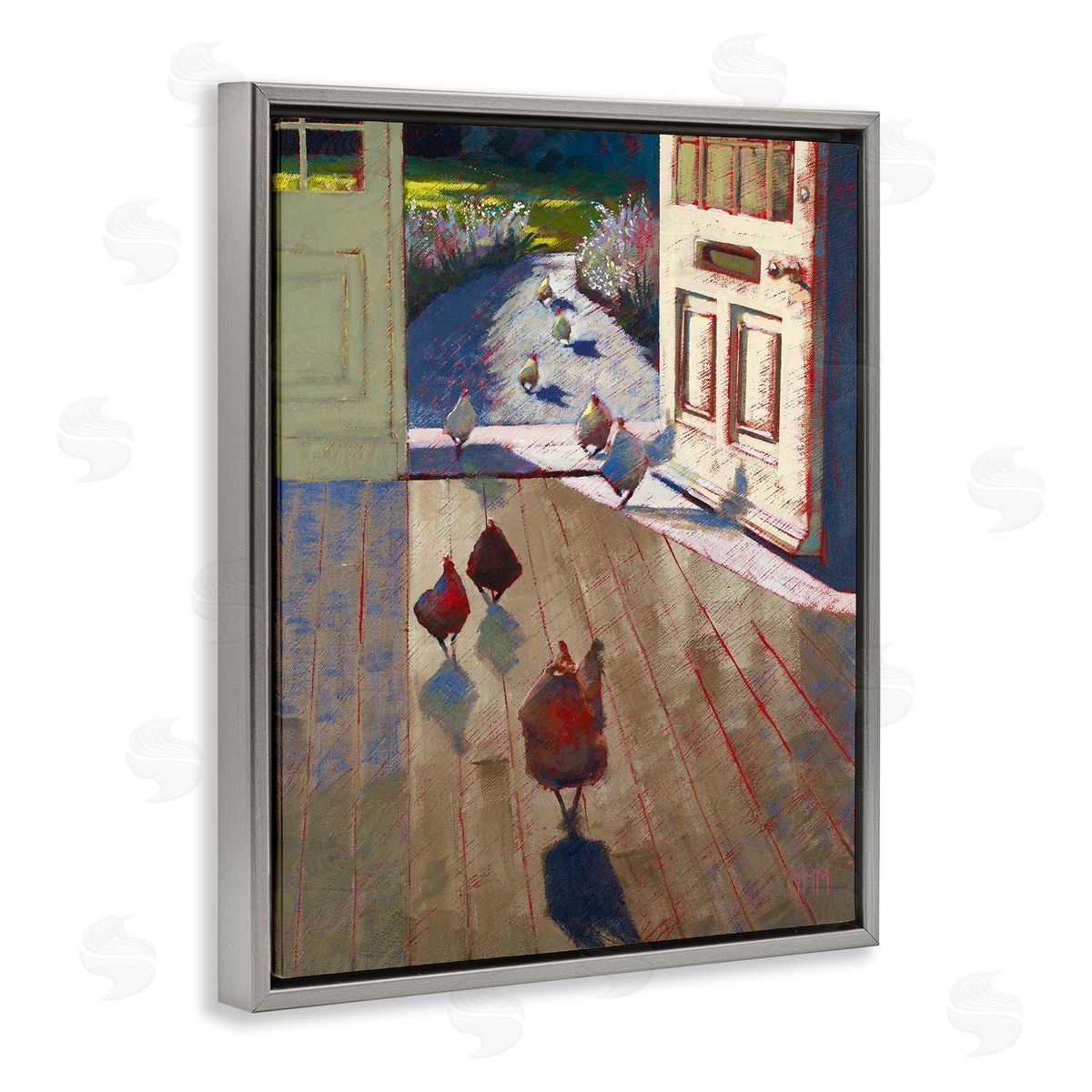 Lisa Timmerman Chickens Strolling Through Farmhouse Doorway Contemporary Strokes Gray Floating Frame Canvas Wall Art Print