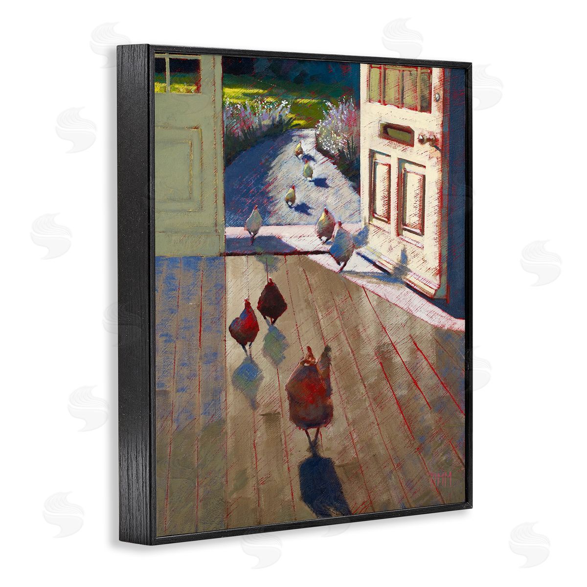 Lisa Timmerman Chickens Strolling Through Farmhouse Doorway Contemporary Strokes Black Framed Giclee Wall Art Print