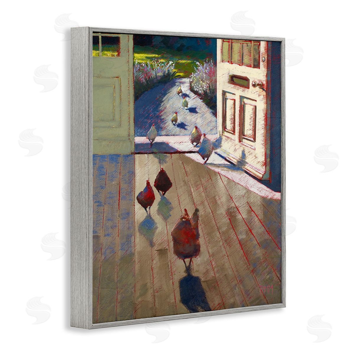 Lisa Timmerman Chickens Strolling Through Farmhouse Doorway Contemporary Strokes Gray Framed Giclee Wall Art Print