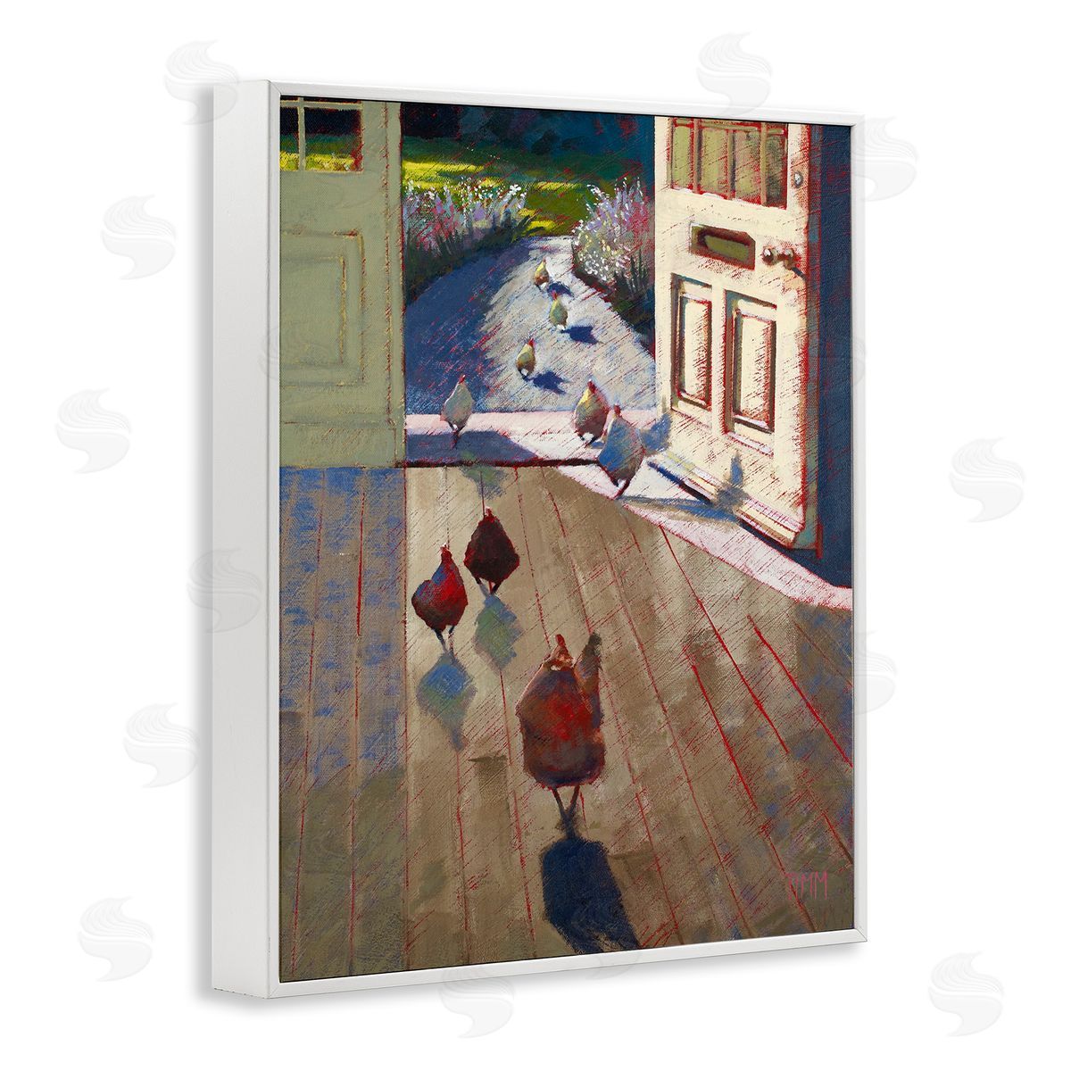 Lisa Timmerman Chickens Strolling Through Farmhouse Doorway Contemporary Strokes White Framed Giclee Wall Art Print
