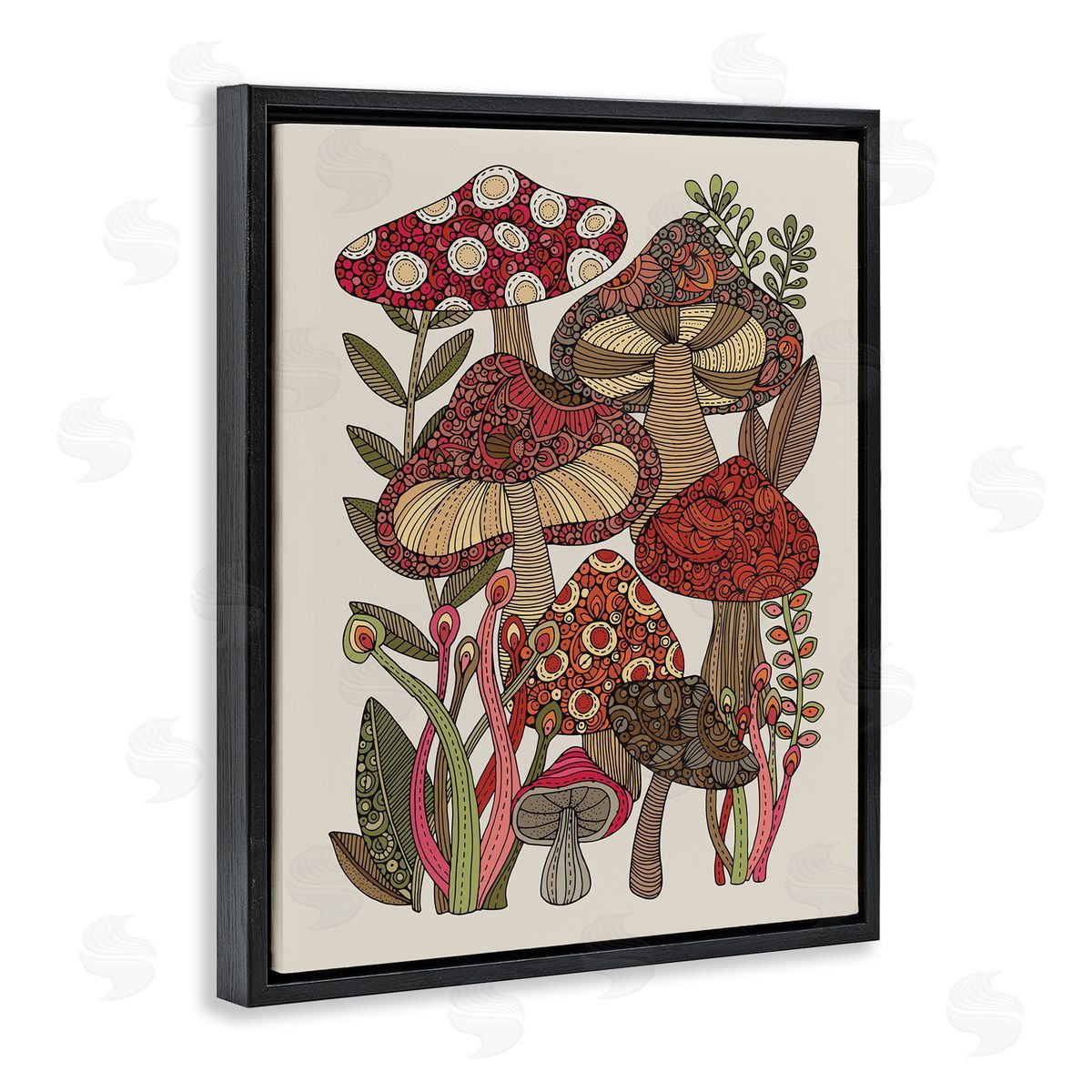 Valentina Harper Layered Mushrooms Nature Botanicals Intricate Floral Patterns Black Floating Frame Canvas Wall Art Print