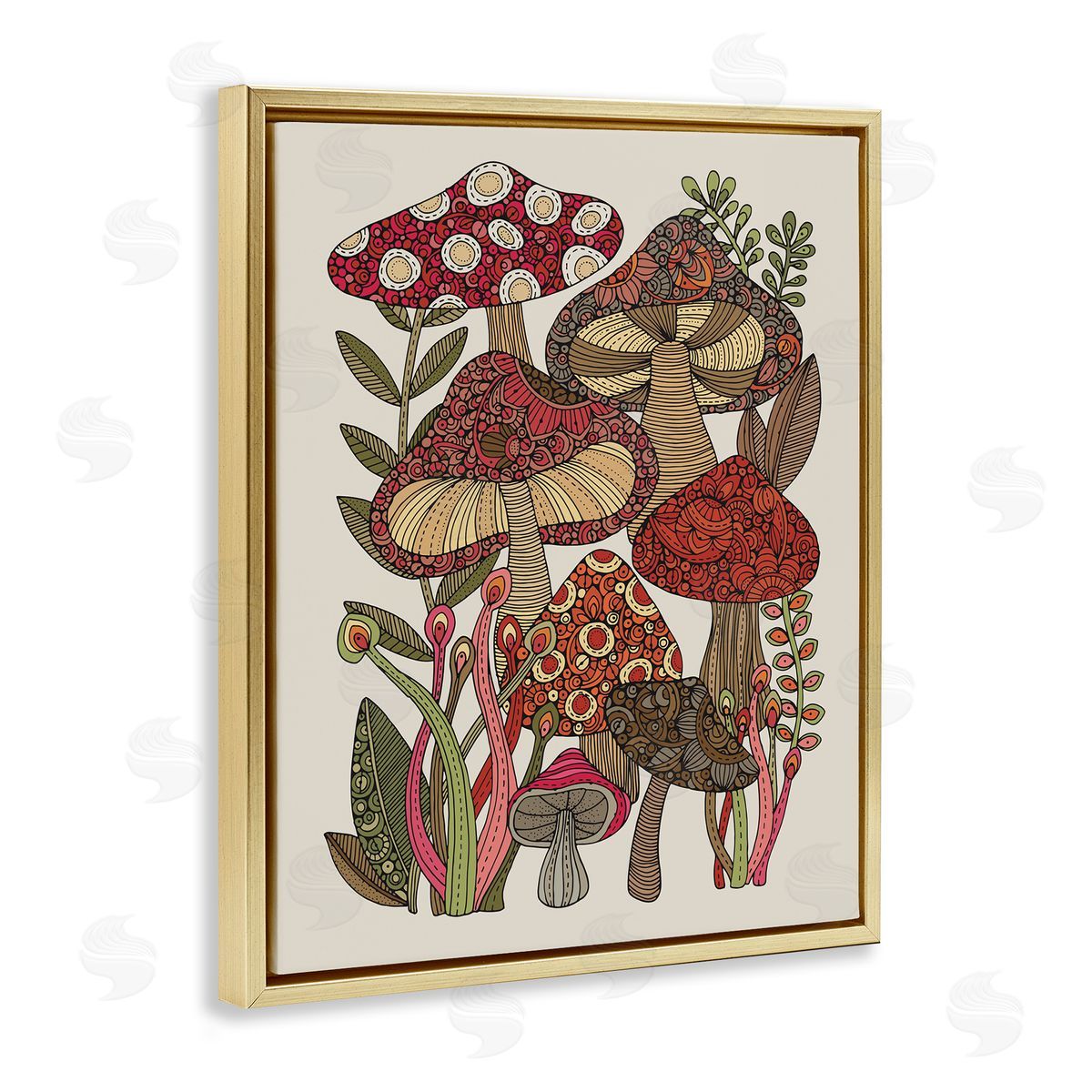 Valentina Harper Layered Mushrooms Nature Botanicals Intricate Floral Patterns Gold Floating Frame Canvas Wall Art Print