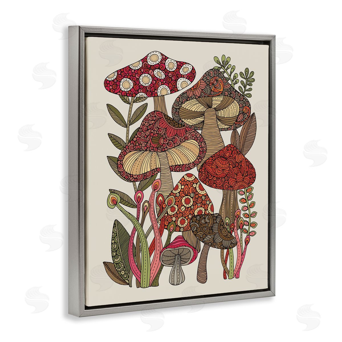 Valentina Harper Layered Mushrooms Nature Botanicals Intricate Floral Patterns Gray Floating Frame Canvas Wall Art Print