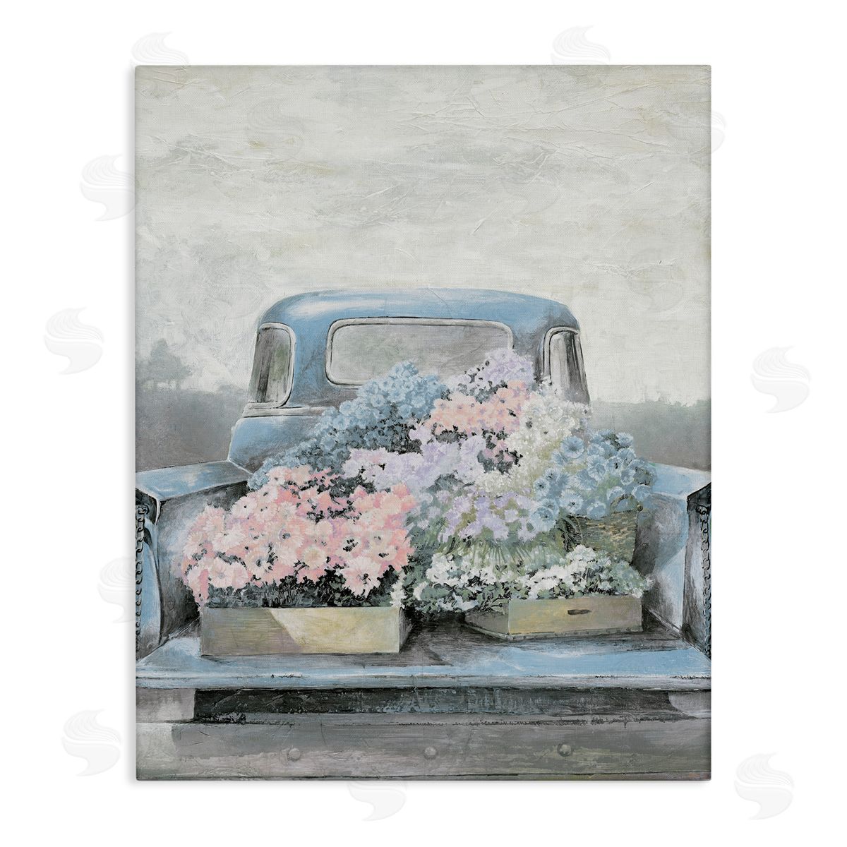 White Ladder Varied Floral Blossoms Vintage Countryside Pickup Truck  Stretched Canvas Wall Art Print