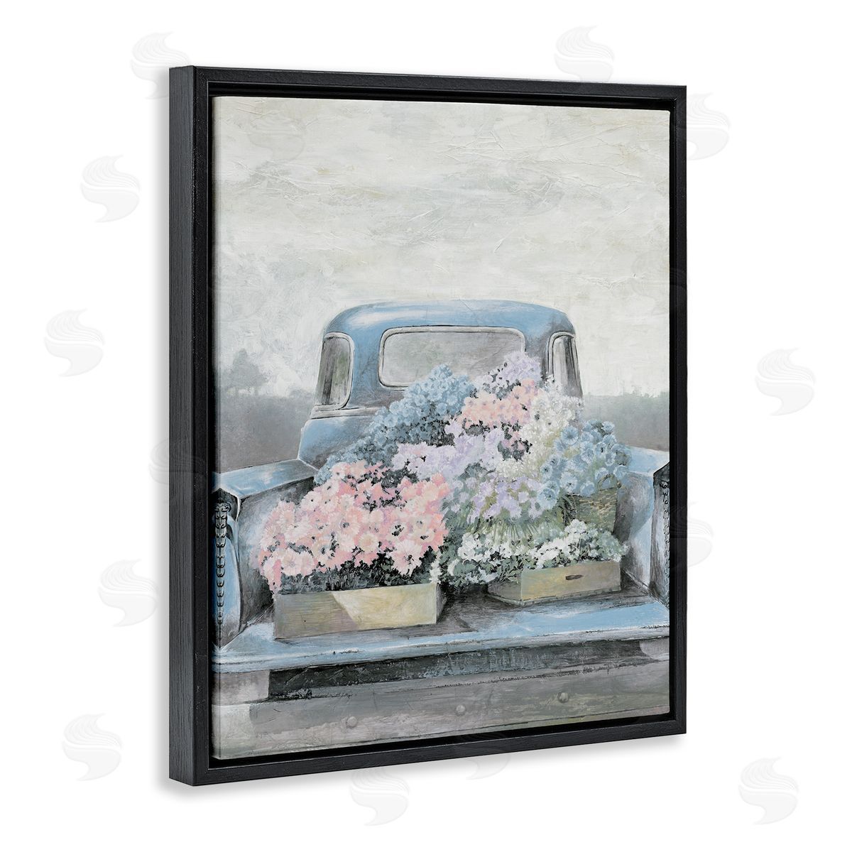 White Ladder Varied Floral Blossoms Vintage Countryside Pickup Truck  Black Floating Frame Canvas Wall Art Print