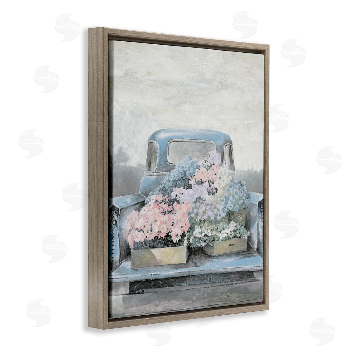 White Ladder Varied Floral Blossoms Vintage Countryside Pickup Truck  Brown Floating Frame Canvas Wall Art Print