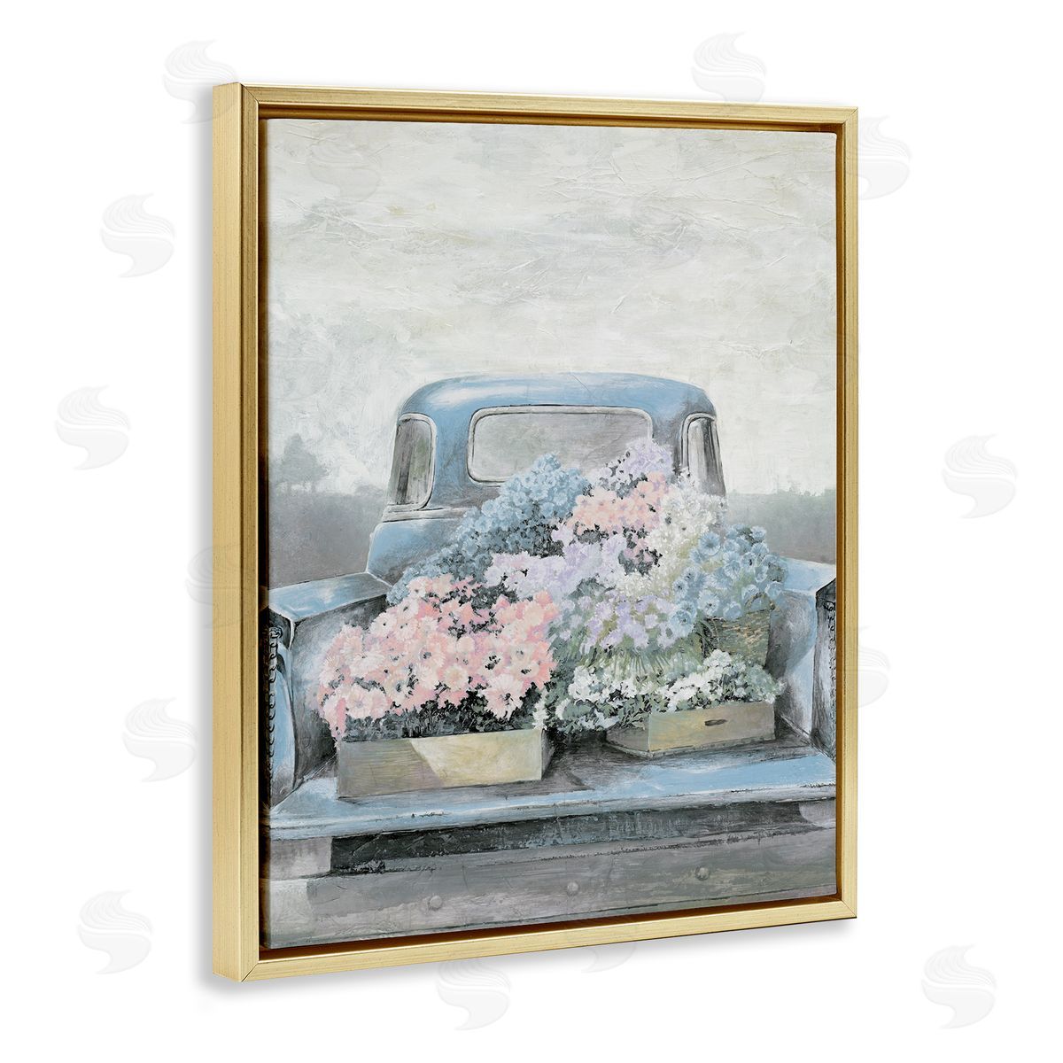White Ladder Varied Floral Blossoms Vintage Countryside Pickup Truck  Gold Floating Frame Canvas Wall Art Print