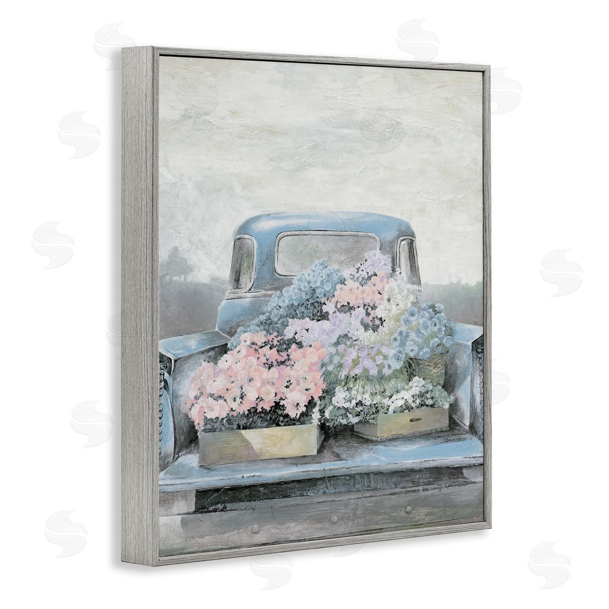White Ladder Varied Floral Blossoms Vintage Countryside Pickup Truck  Gray Framed Giclee Wall Art Print