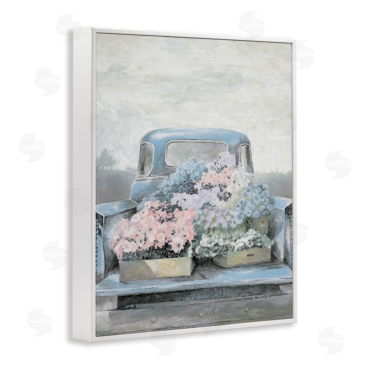 White Ladder Varied Floral Blossoms Vintage Countryside Pickup Truck  White Framed Giclee Wall Art Print