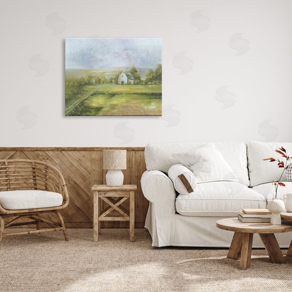 White Ladder Distant White Barn Vast Rural Farmland Fields Canvas Wall Art Print in Room