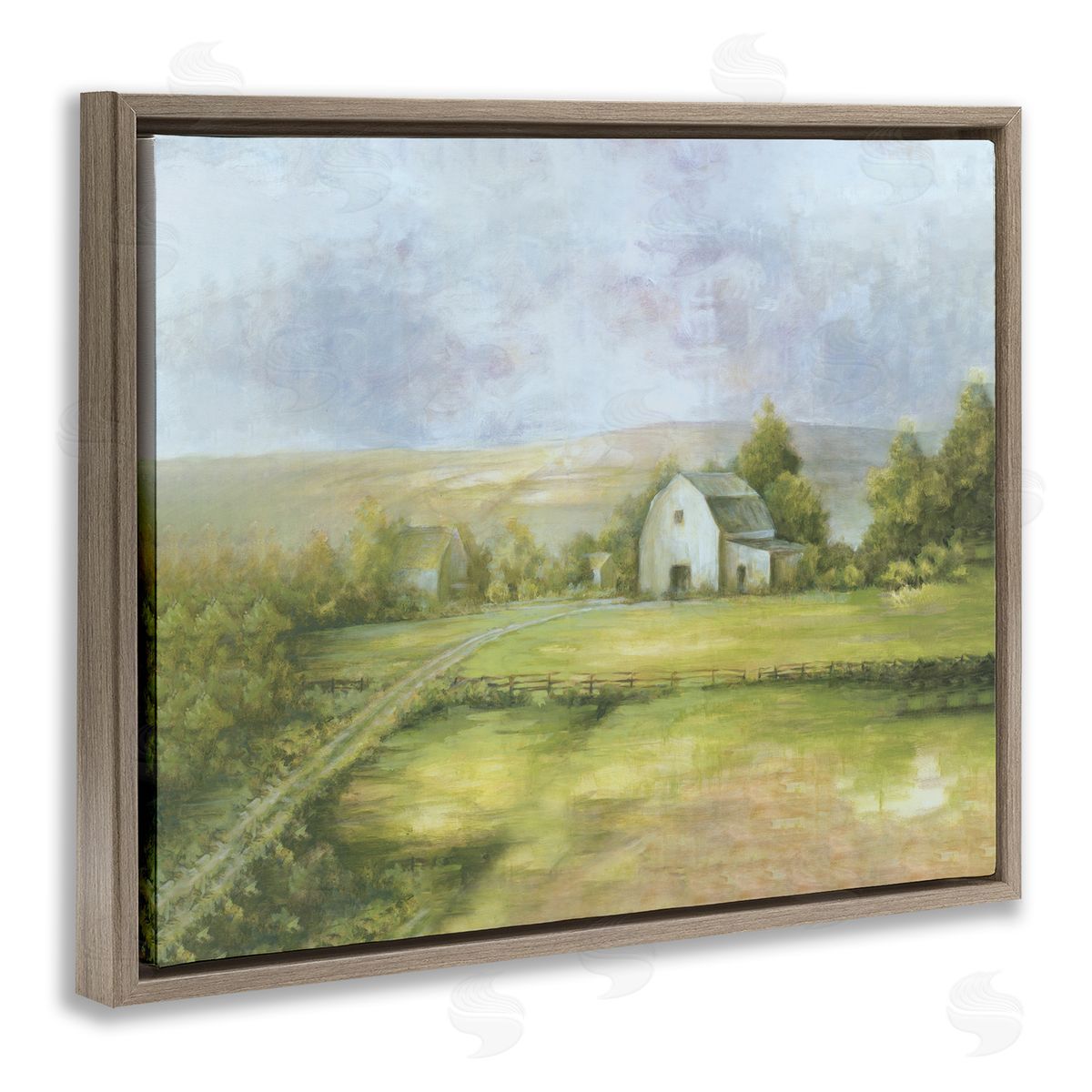 White Ladder Distant White Barn Vast Rural Farmland Fields Brown Floating Frame Canvas Wall Art Print