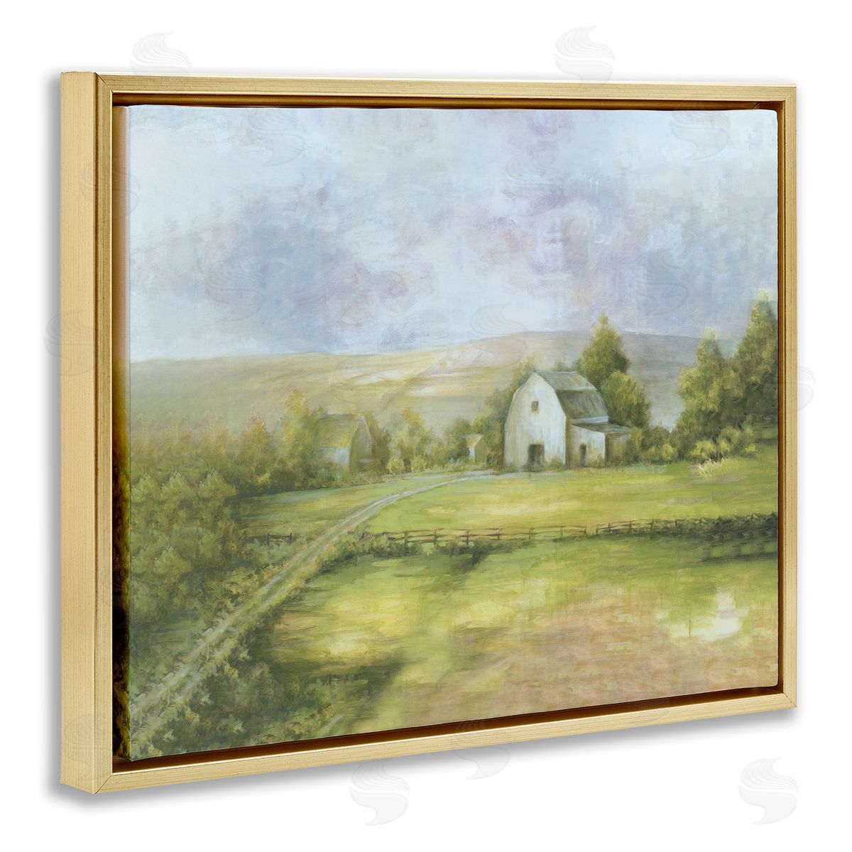 White Ladder Distant White Barn Vast Rural Farmland Fields Gold Floating Frame Canvas Wall Art Print