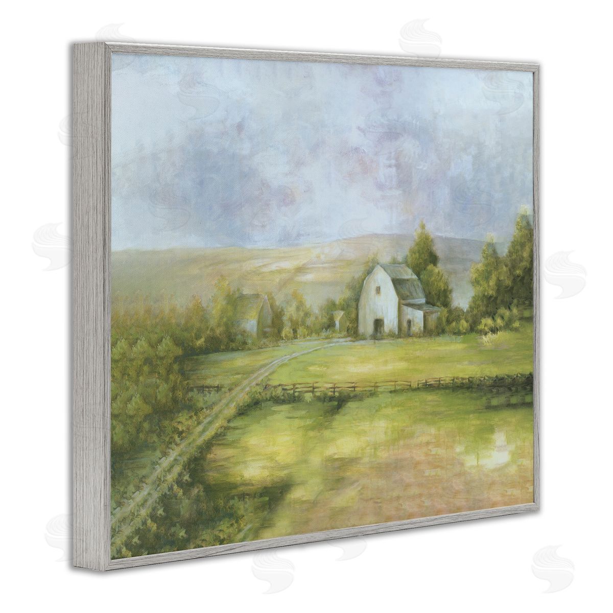 White Ladder Distant White Barn Vast Rural Farmland Fields Gray Framed Giclee Wall Art Print