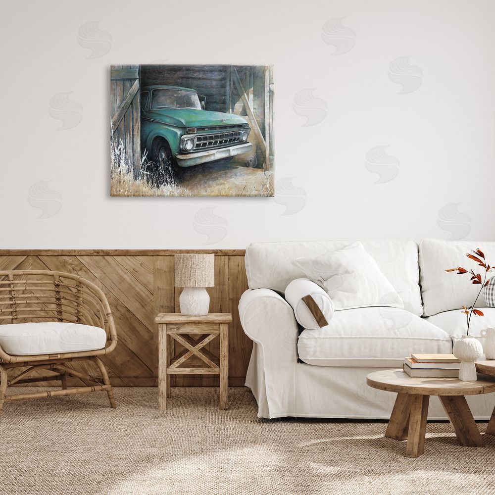 White Ladder Weathered Country Barn Vintage Green Pickup Truck  Canvas Wall Art Print in Room