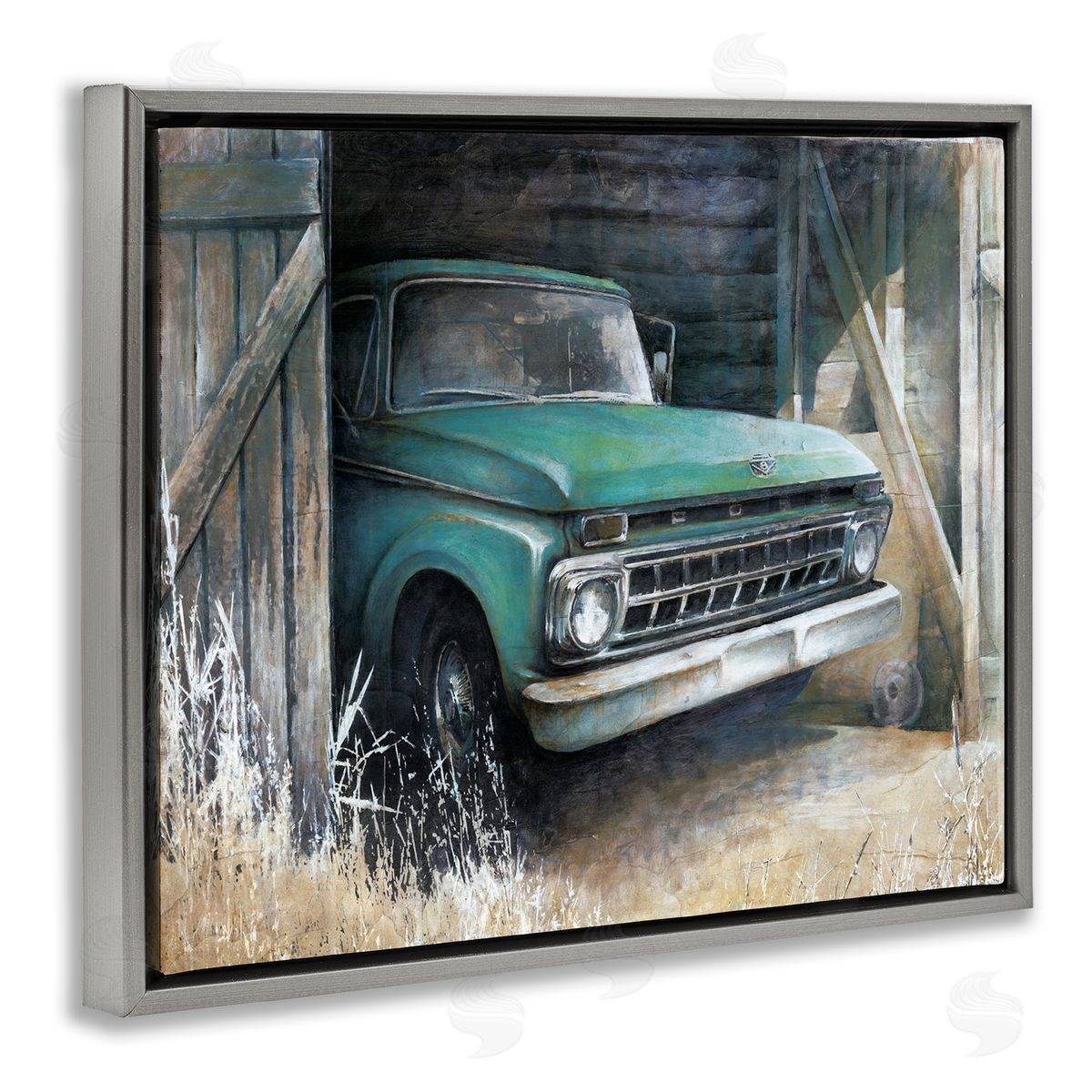 White Ladder Weathered Country Barn Vintage Green Pickup Truck  Gray Floating Frame Canvas Wall Art Print