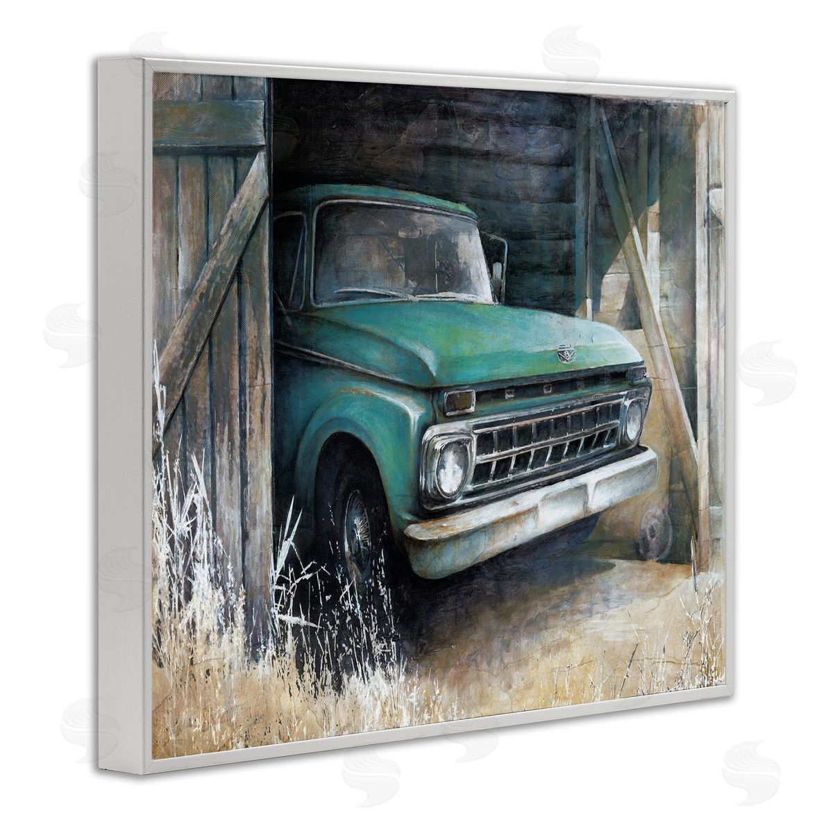 White Ladder Weathered Country Barn Vintage Green Pickup Truck  White Framed Giclee Wall Art Print