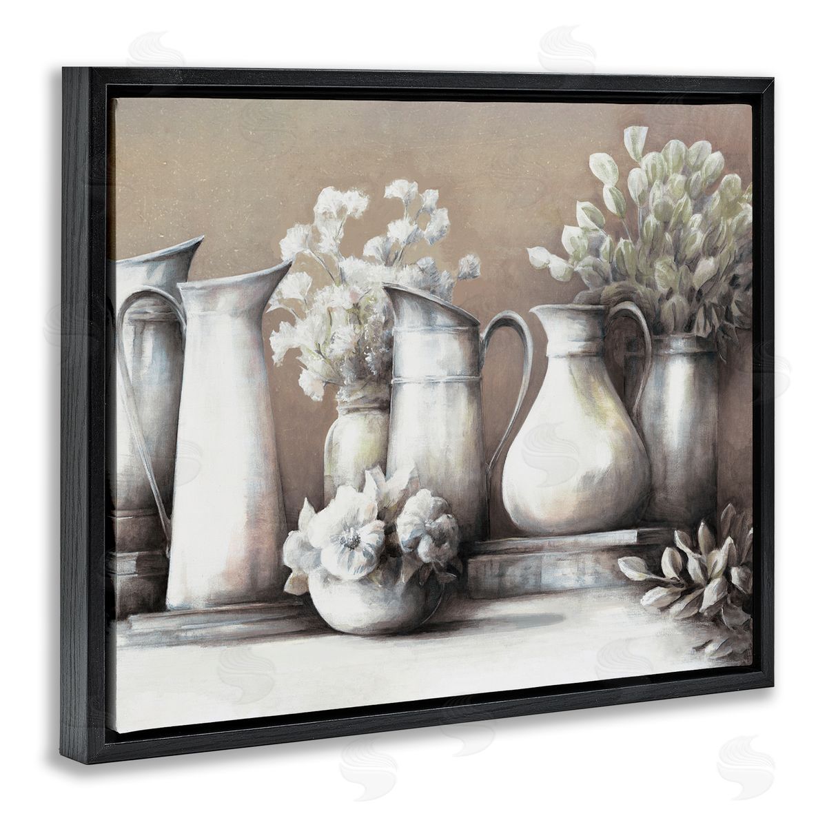 White Ladder Classic Flower Arrangement Country Water Jug Painting Black Floating Frame Canvas Wall Art Print