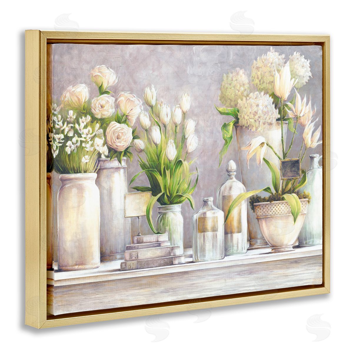 White Ladder Varied Flower Bouquets Traditional Still Life Plants Gold Floating Frame Canvas Wall Art Print