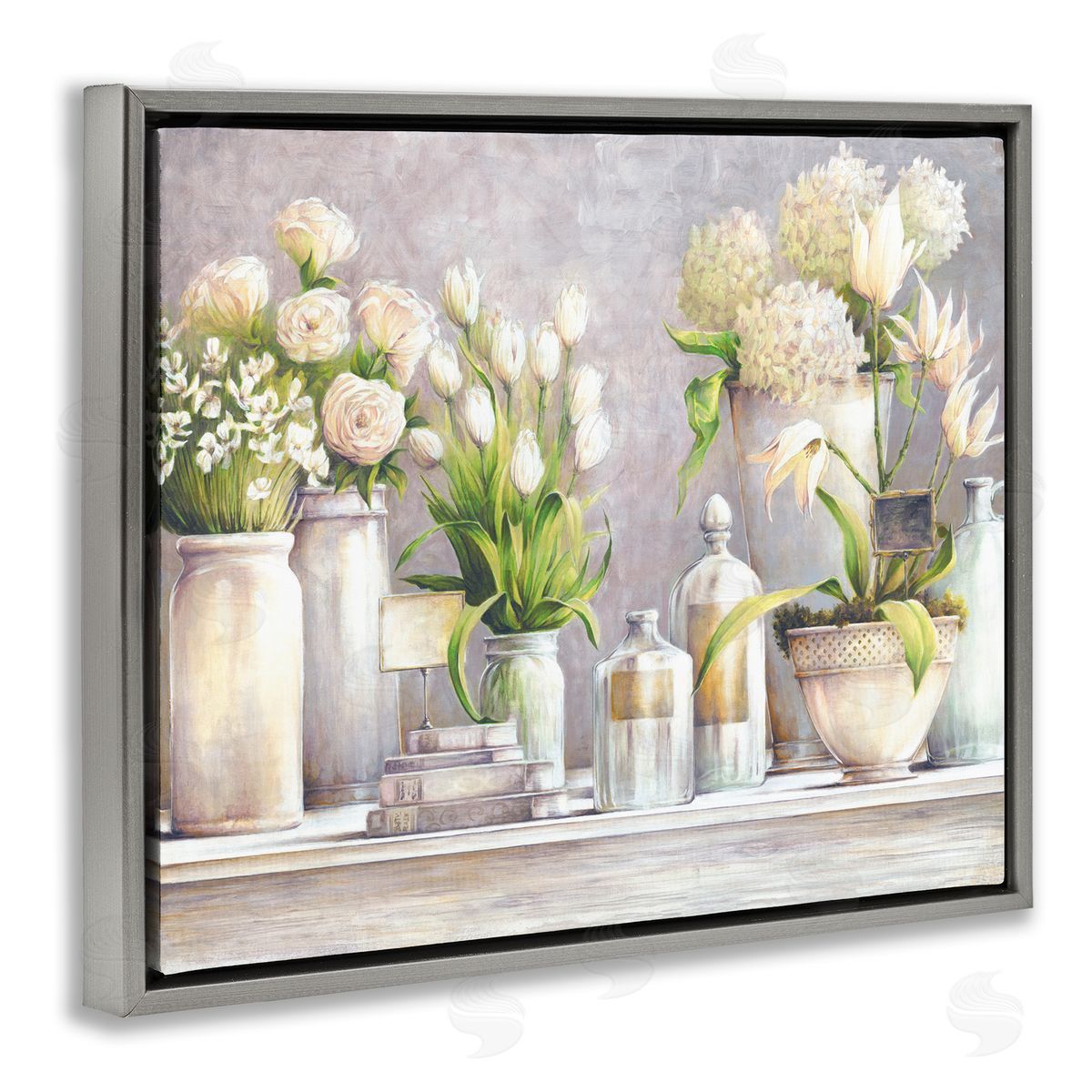 White Ladder Varied Flower Bouquets Traditional Still Life Plants Gray Floating Frame Canvas Wall Art Print