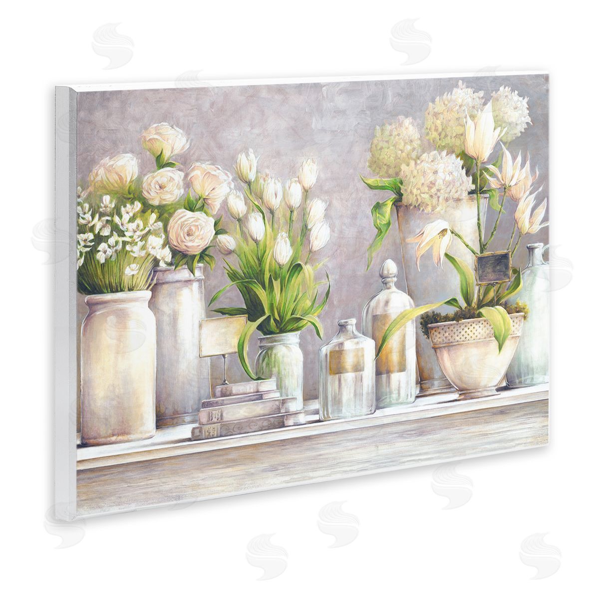 White Ladder Varied Flower Bouquets Traditional Still Life Plants Wall Plaque Art Print