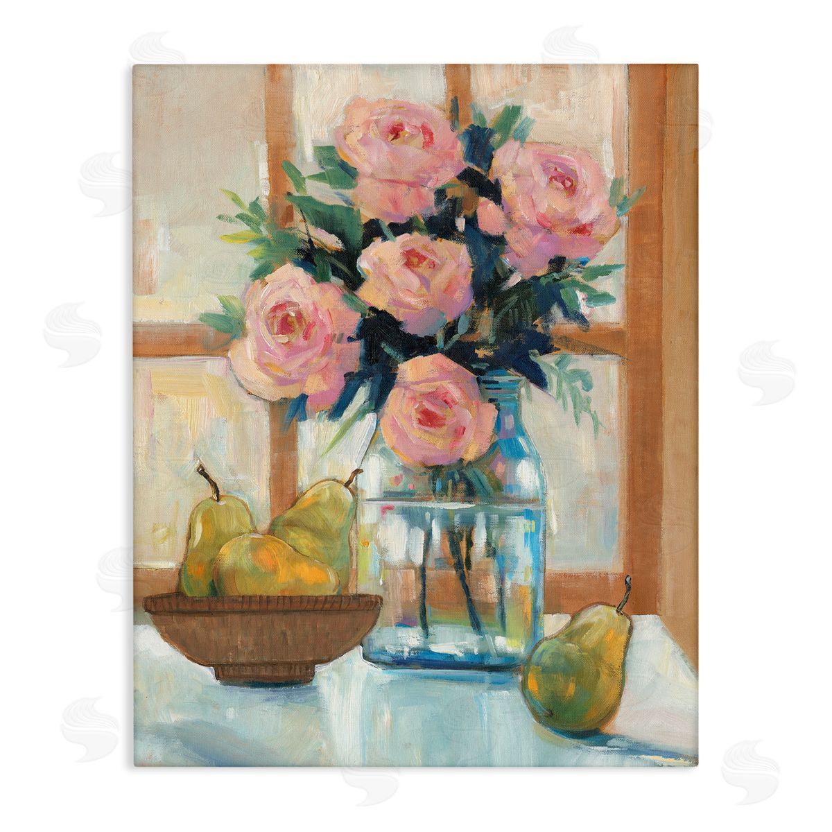 Tim O'Toole Fresh Pink Roses & Fruit Kitchen Window Scene Stretched Canvas Wall Art Print