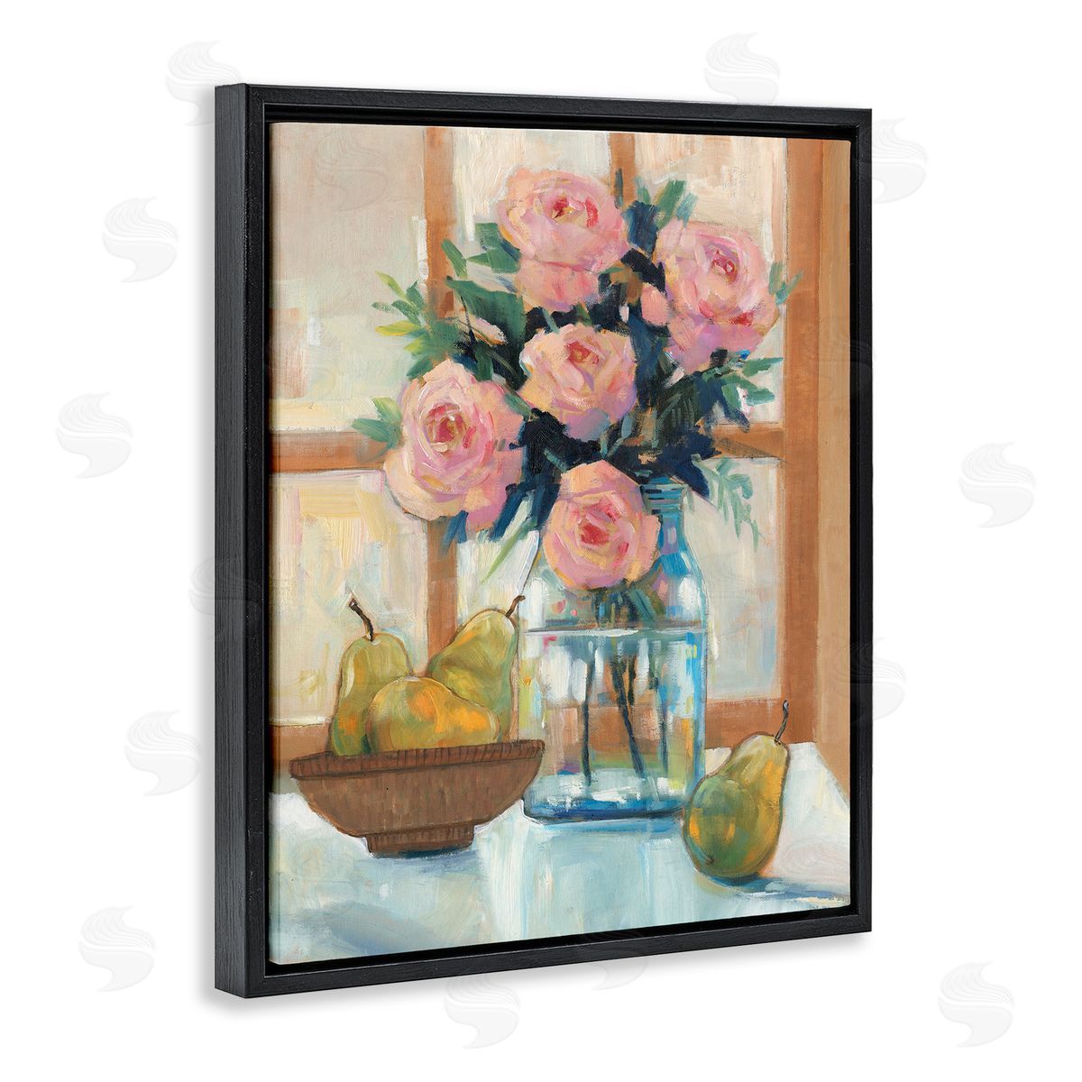 Tim O'Toole Fresh Pink Roses & Fruit Kitchen Window Scene Black Floating Frame Canvas Wall Art Print