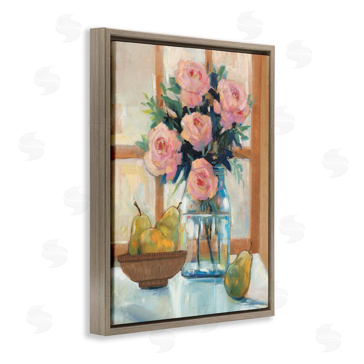 Tim O'Toole Fresh Pink Roses & Fruit Kitchen Window Scene Brown Floating Frame Canvas Wall Art Print