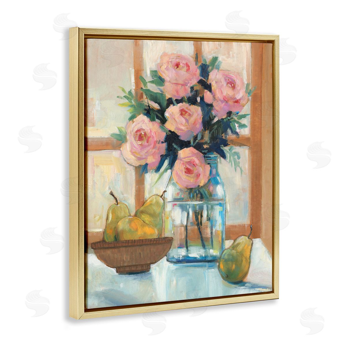 Tim O'Toole Fresh Pink Roses & Fruit Kitchen Window Scene Gold Floating Frame Canvas Wall Art Print