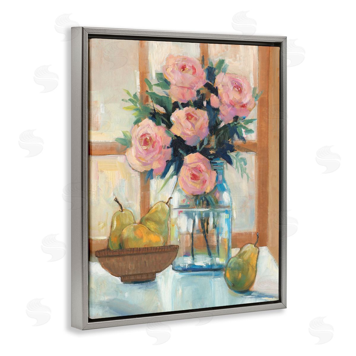 Tim O'Toole Fresh Pink Roses & Fruit Kitchen Window Scene Gray Floating Frame Canvas Wall Art Print