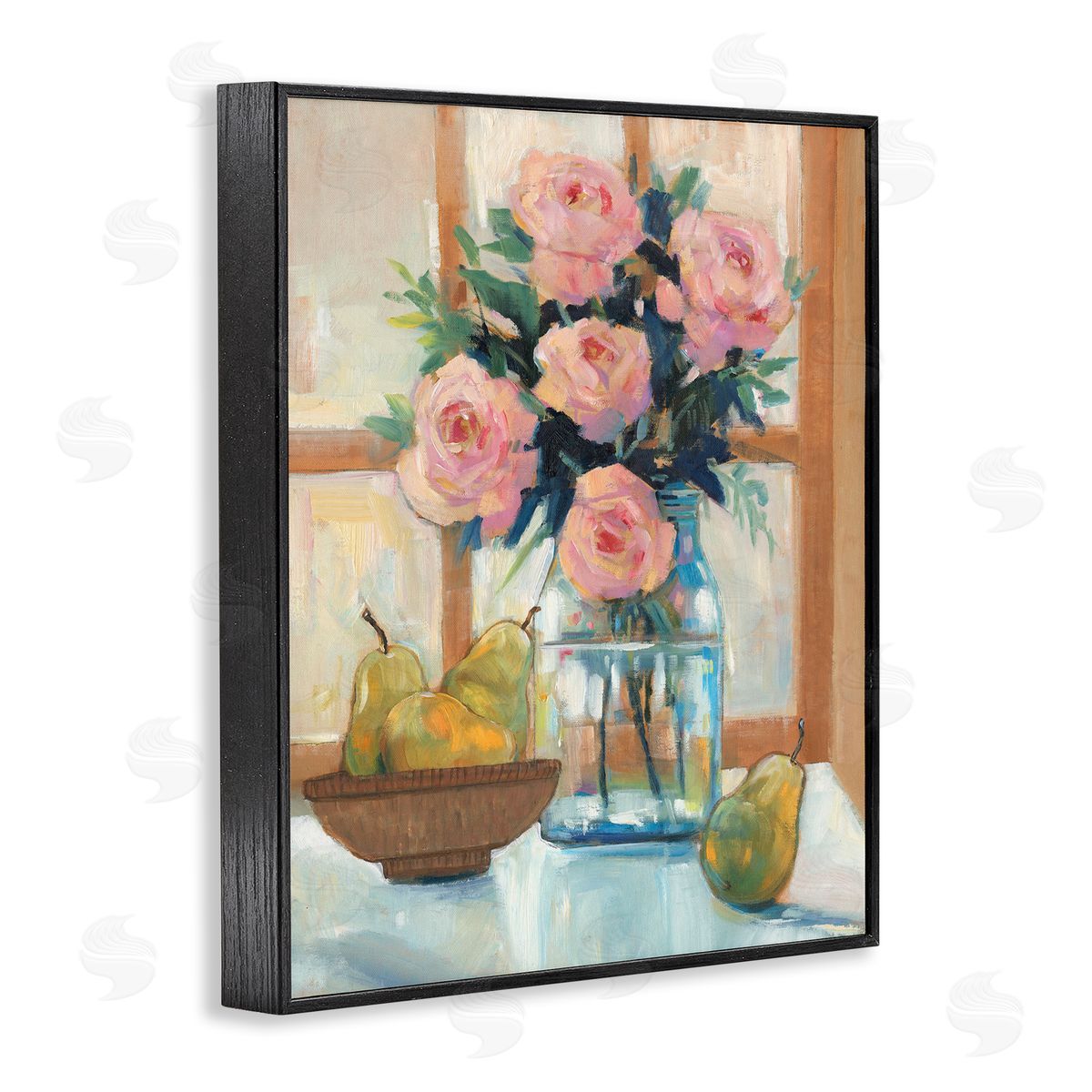 Tim O'Toole Fresh Pink Roses & Fruit Kitchen Window Scene Black Framed Giclee Wall Art Print