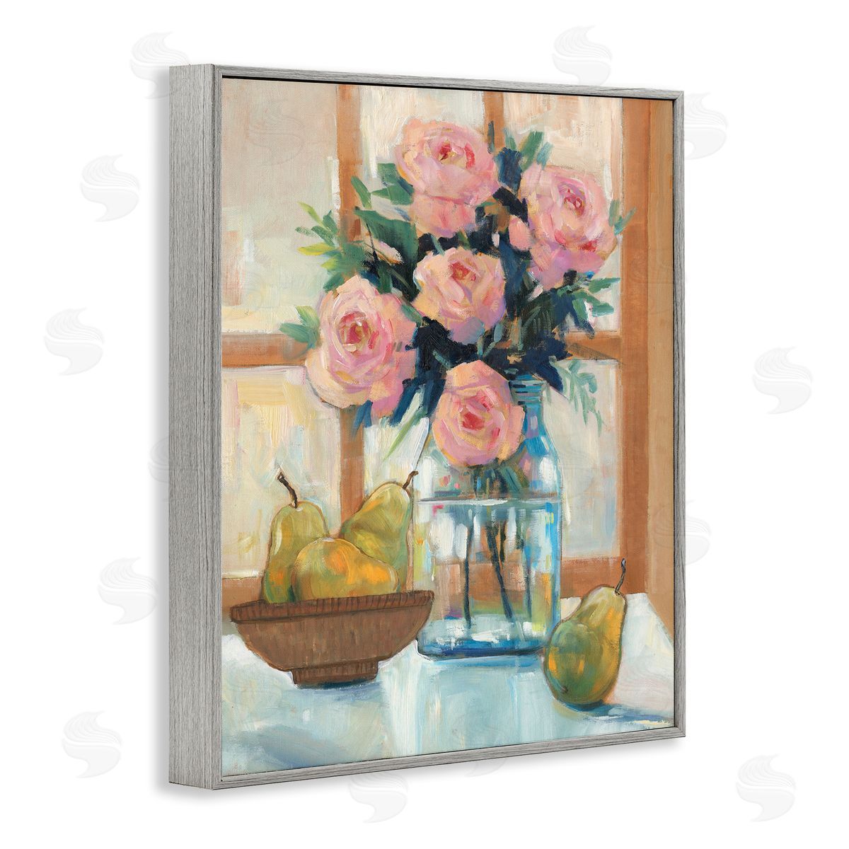 Tim O'Toole Fresh Pink Roses & Fruit Kitchen Window Scene Gray Framed Giclee Wall Art Print