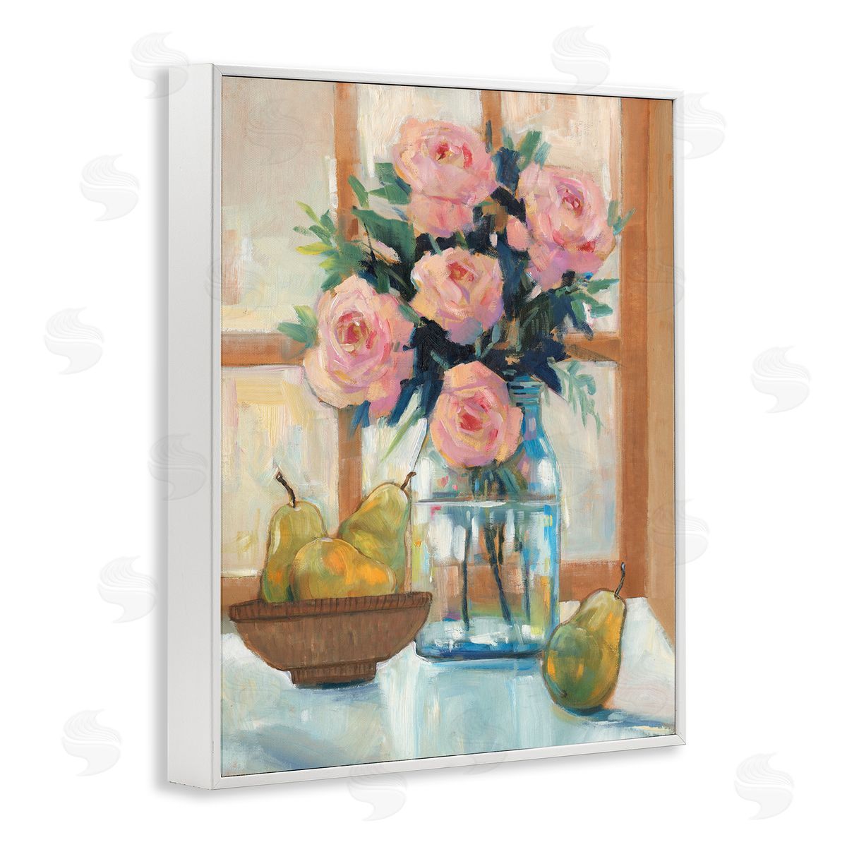 Tim O'Toole Fresh Pink Roses & Fruit Kitchen Window Scene White Framed Giclee Wall Art Print