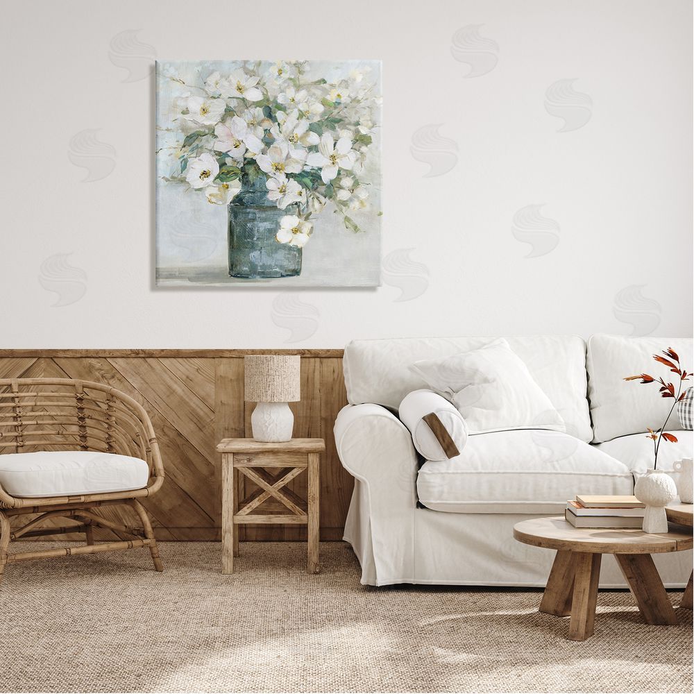 Sally Swatland White Geranium Bouquet Blossoming Flower Arrangement Vase Canvas Wall Art in Room