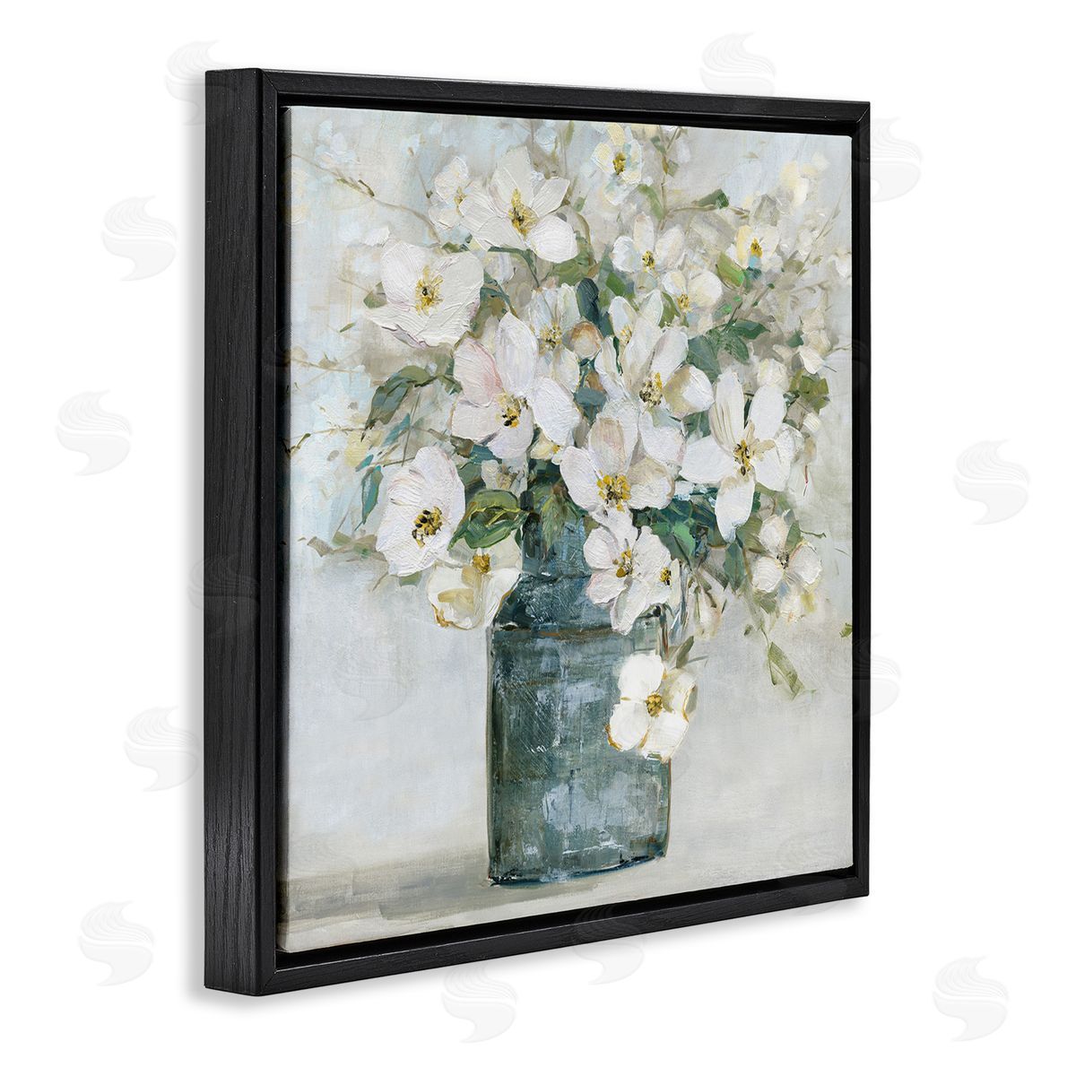 Sally Swatland White Geranium Bouquet Blossoming Flower Arrangement Vase Black Floating Frame Canvas Wall Art Print